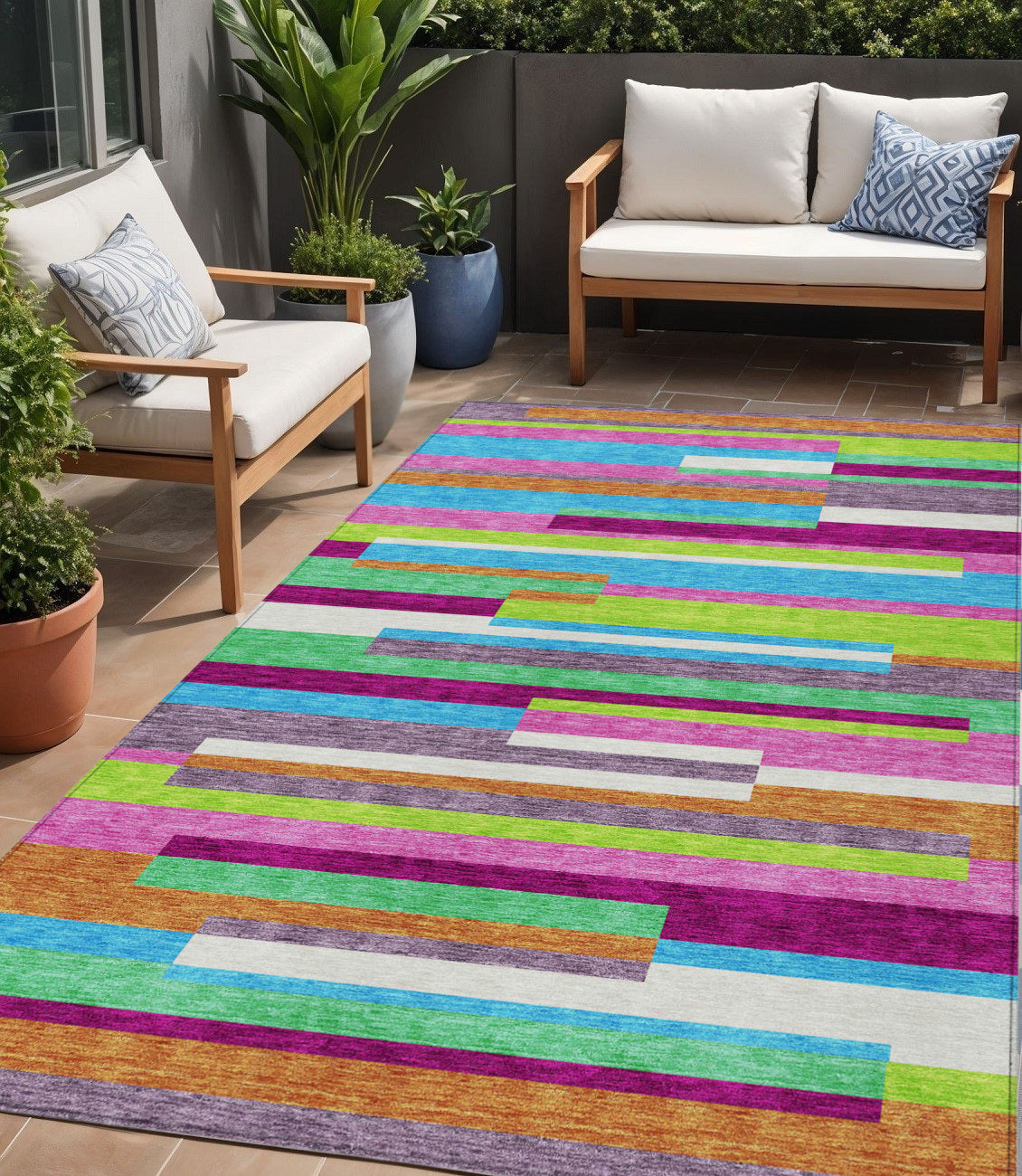 5 X 8 Lavender Orange And Lime Green Striped Washable Indoor Outdoor Area Rug