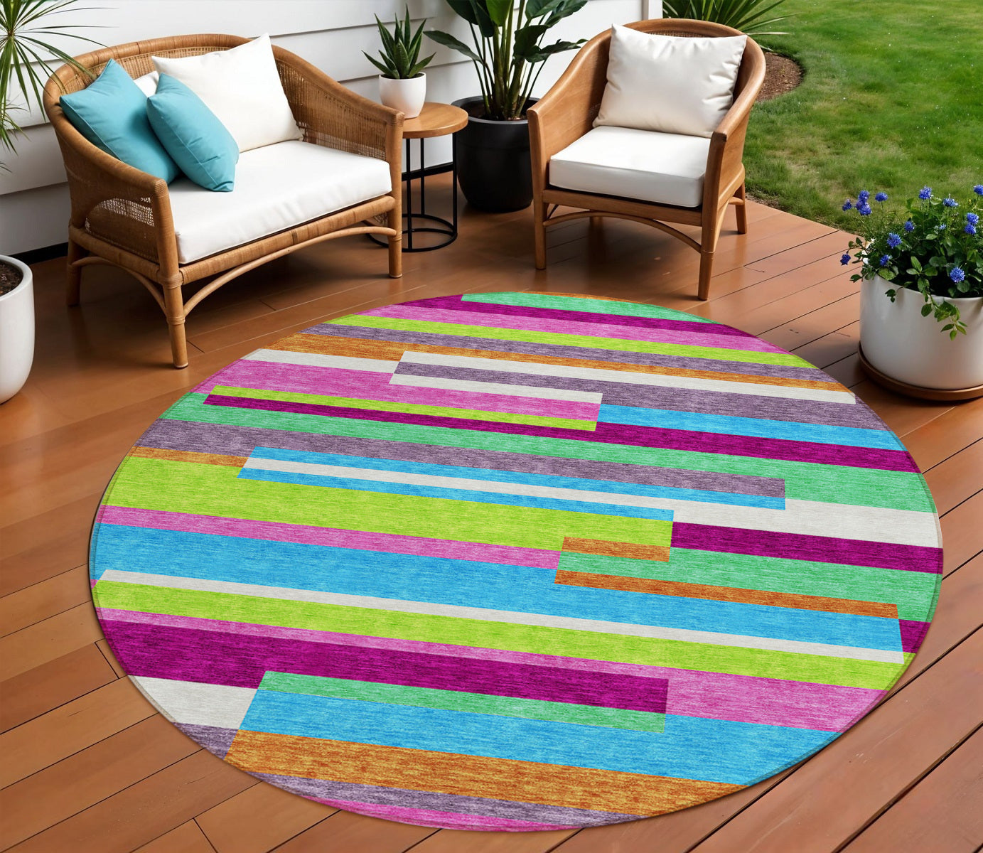 8 Lavender Orange And Lime Green Round Striped Washable Indoor Outdoor Area Rug