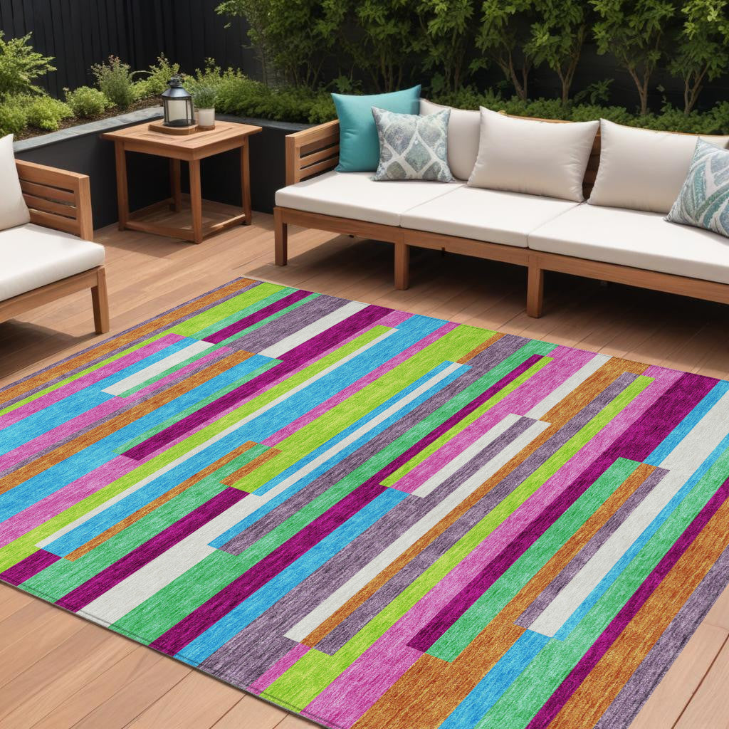 10 X 14 Lavender Orange And Lime Green Striped Washable Indoor Outdoor Area Rug