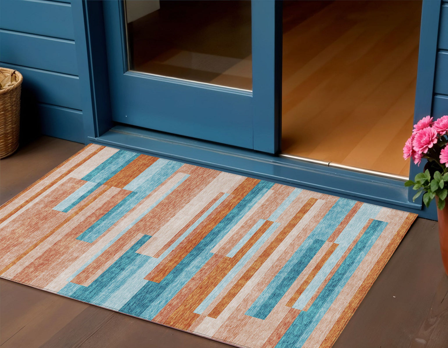 3 X 5 Orange Teal Blue And Salmon Striped Washable Indoor Outdoor Area Rug