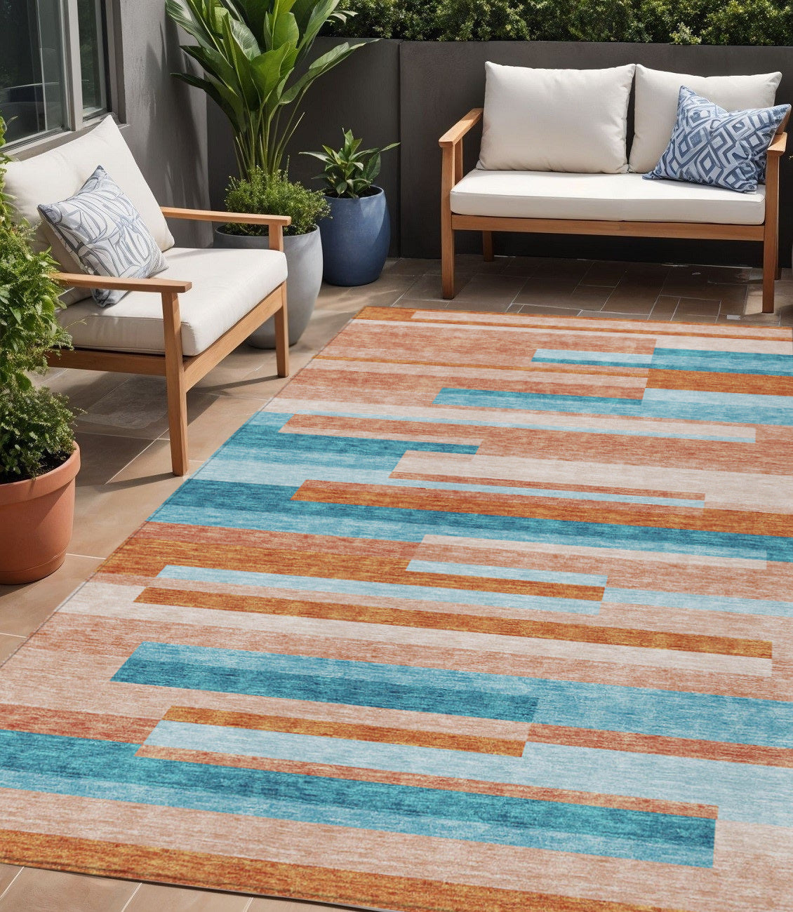 5 X 8 Orange Teal Blue And Salmon Striped Washable Indoor Outdoor Area Rug
