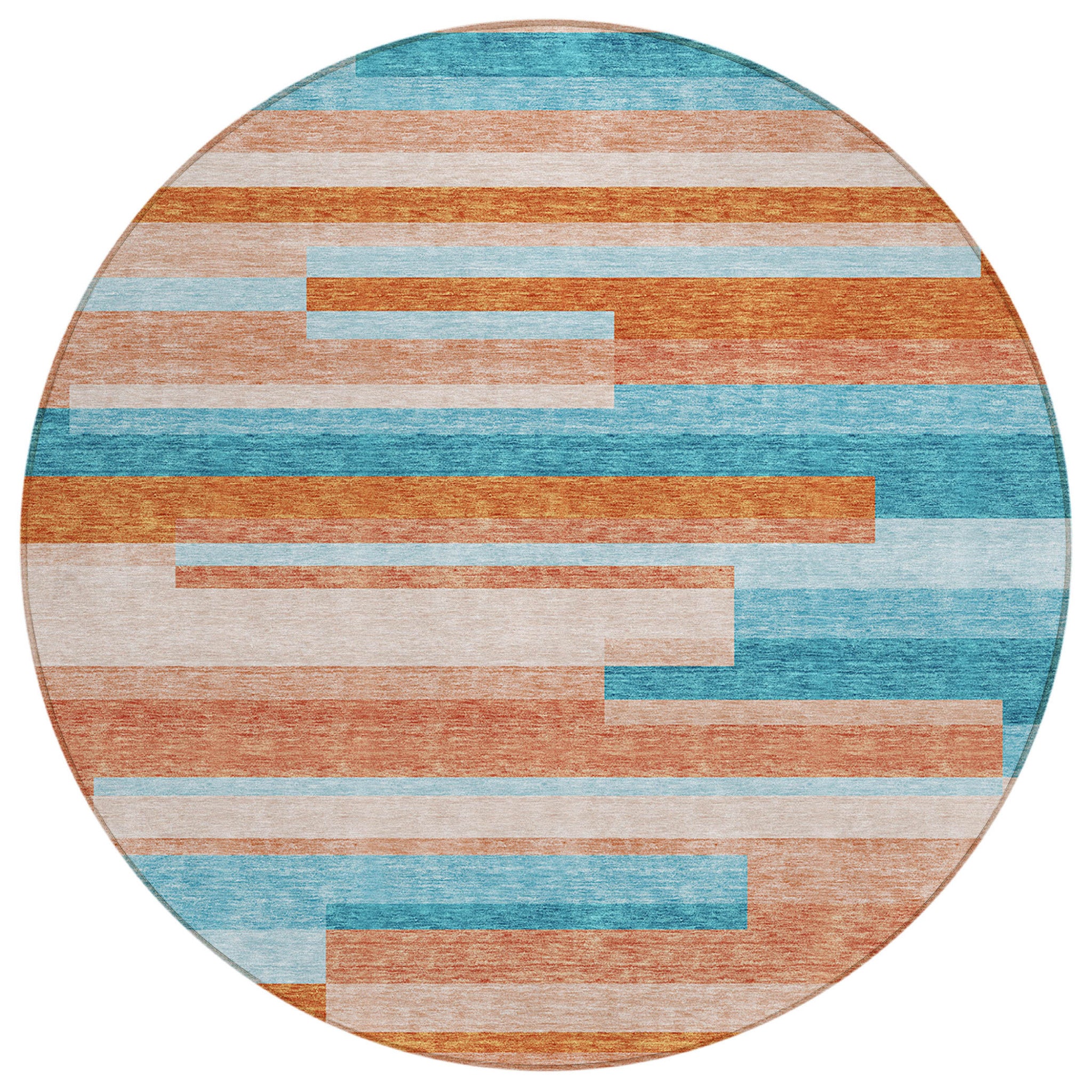 8 Orange Teal Blue And Salmon Round Striped Washable Indoor Outdoor Area Rug