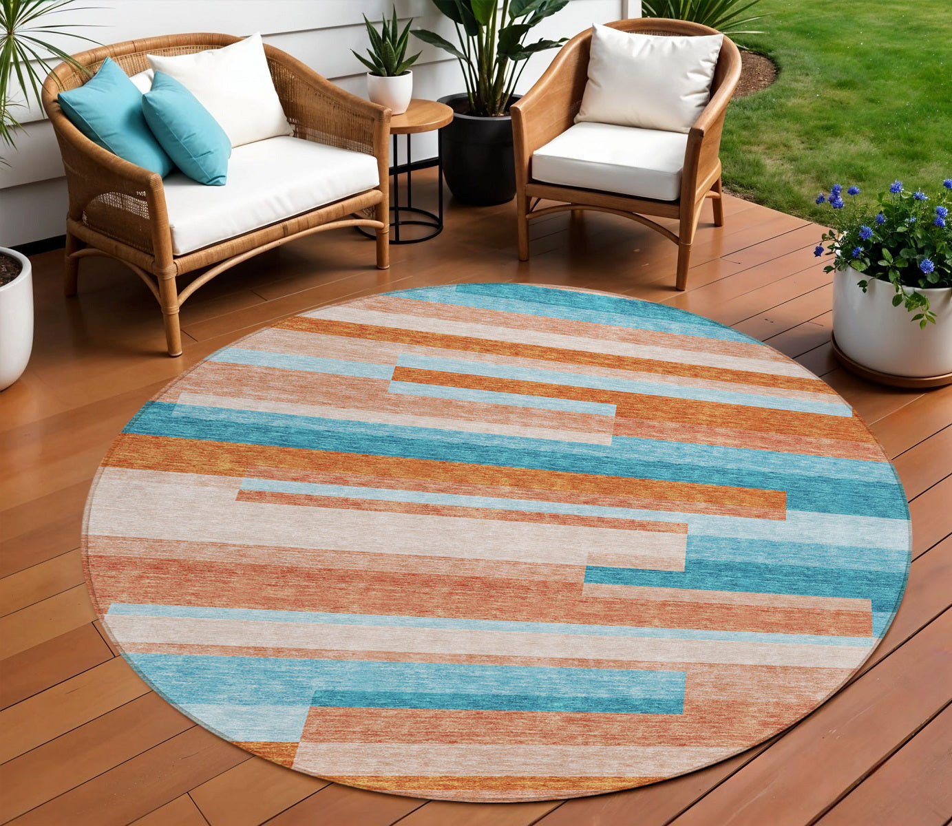8 X 10 Orange Teal Blue And Salmon Striped Washable Indoor Outdoor Area Rug