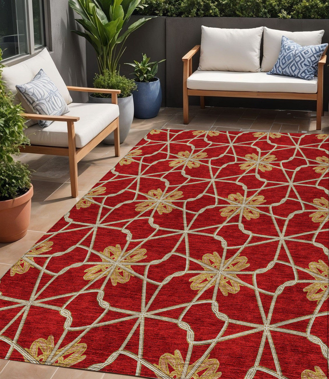 5 X 8 Orange And Gold Geometric Washable Indoor Outdoor Area Rug