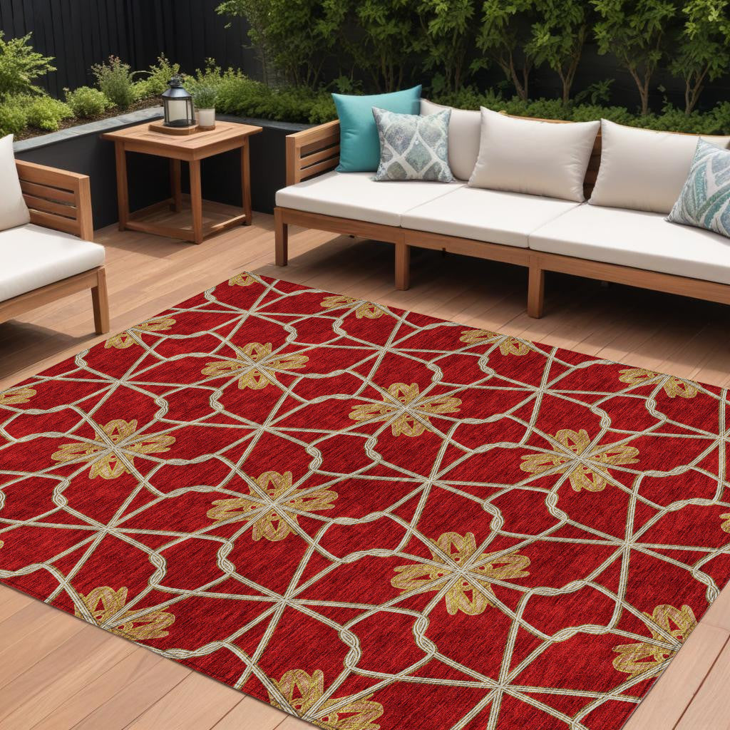 8 X 10 Orange And Gold Geometric Washable Indoor Outdoor Area Rug