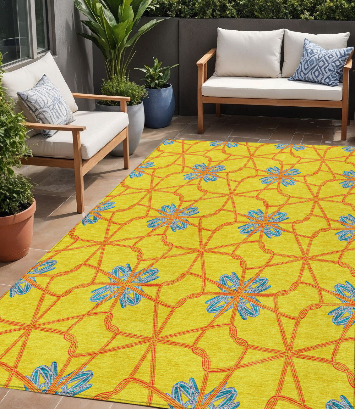 5 X 8 Yellow And Teal Blue Geometric Washable Indoor Outdoor Area Rug