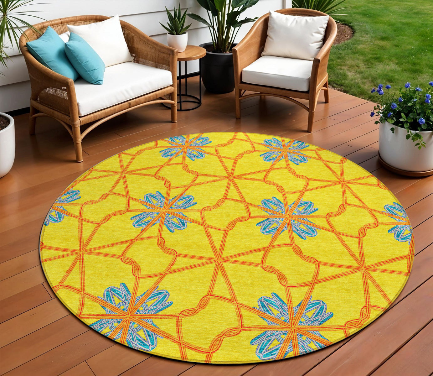 8 Yellow And Teal Blue Round Geometric Washable Indoor Outdoor Area Rug