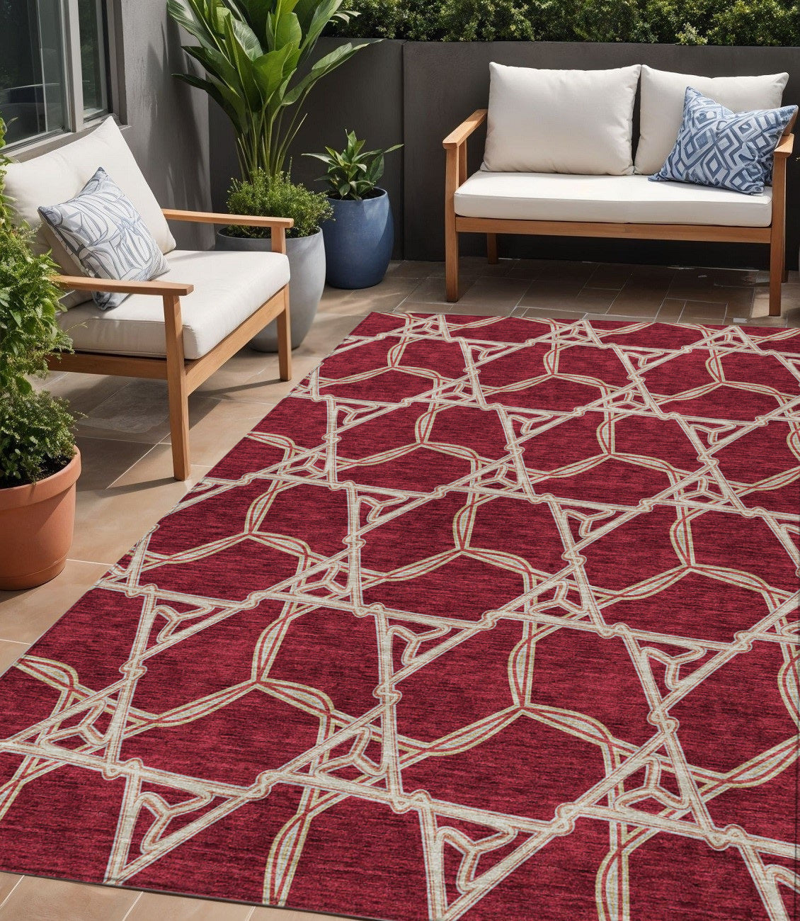 5 X 8 Burgundy And Gold Geometric Washable Indoor Outdoor Area Rug