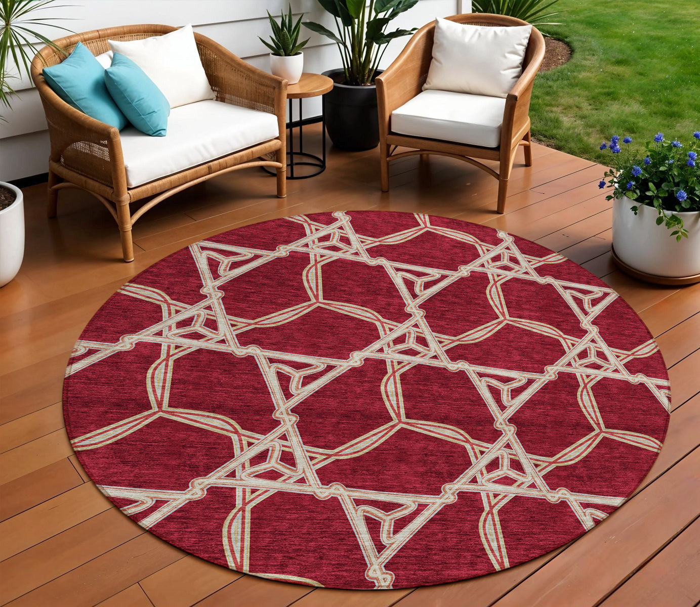 8 Burgundy And Gold Round Geometric Washable Indoor Outdoor Area Rug