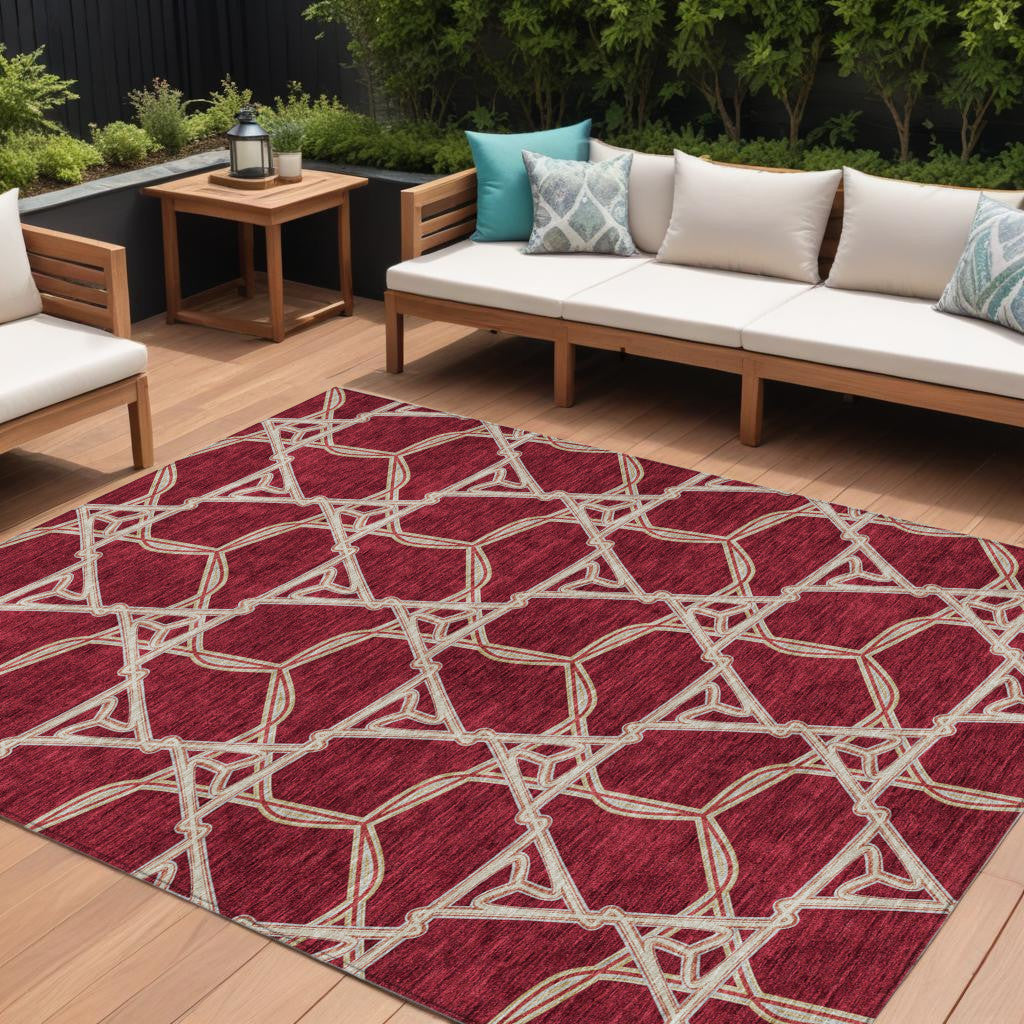 10 X 14 Burgundy And Gold Geometric Washable Indoor Outdoor Area Rug