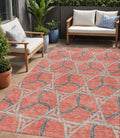 5 X 8 Coral And Taupe Geometric Washable Indoor Outdoor Area Rug