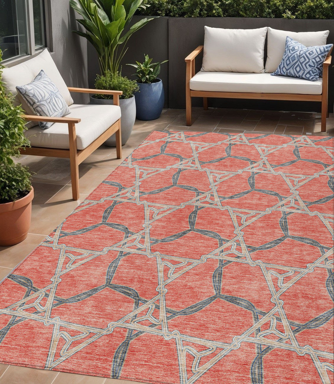 5 X 8 Coral And Taupe Geometric Washable Indoor Outdoor Area Rug