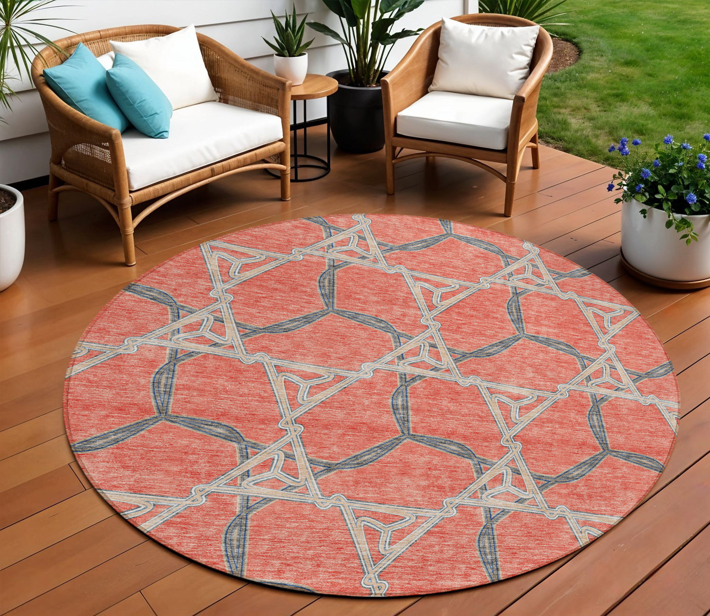 8 Coral And Taupe Round Geometric Washable Indoor Outdoor Area Rug