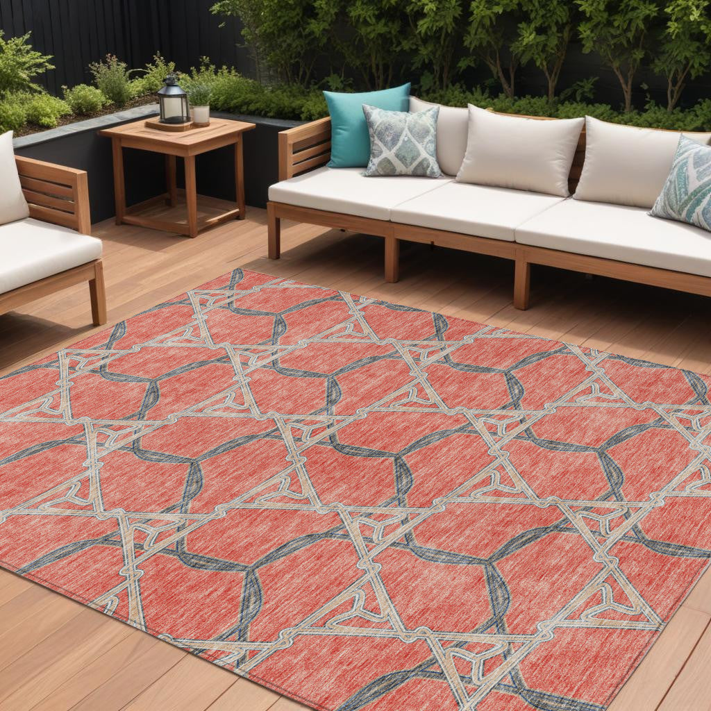 10 X 14 Coral And Taupe Geometric Washable Indoor Outdoor Area Rug