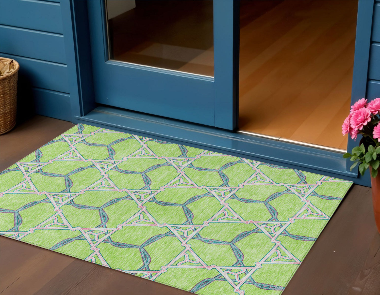 3 X 5 Lime Green And Blue Geometric Washable Indoor Outdoor Area Rug