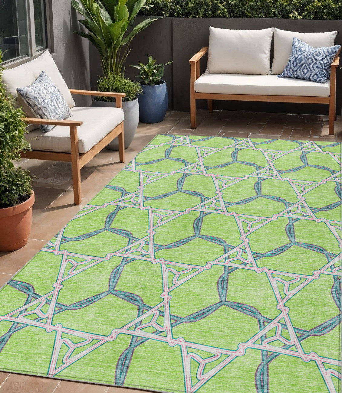 5 X 8 Lime Green And Blue Geometric Washable Indoor Outdoor Area Rug