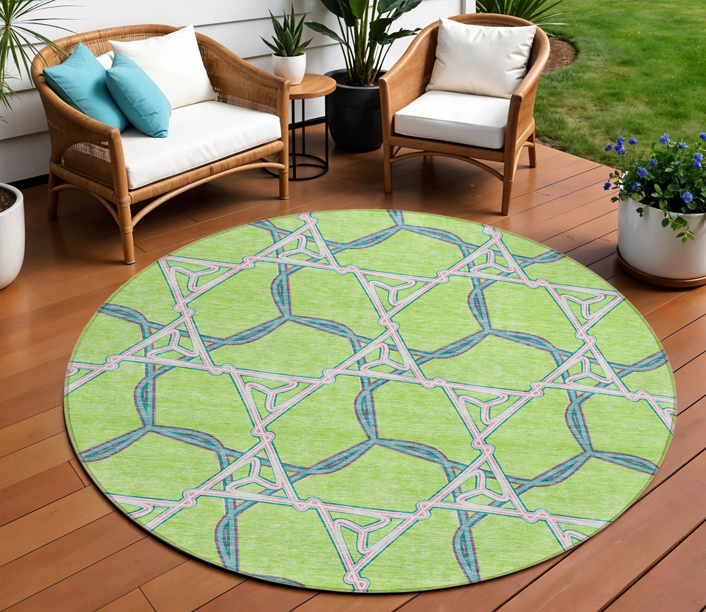 8 Lime Green And Blue Round Geometric Washable Indoor Outdoor Area Rug