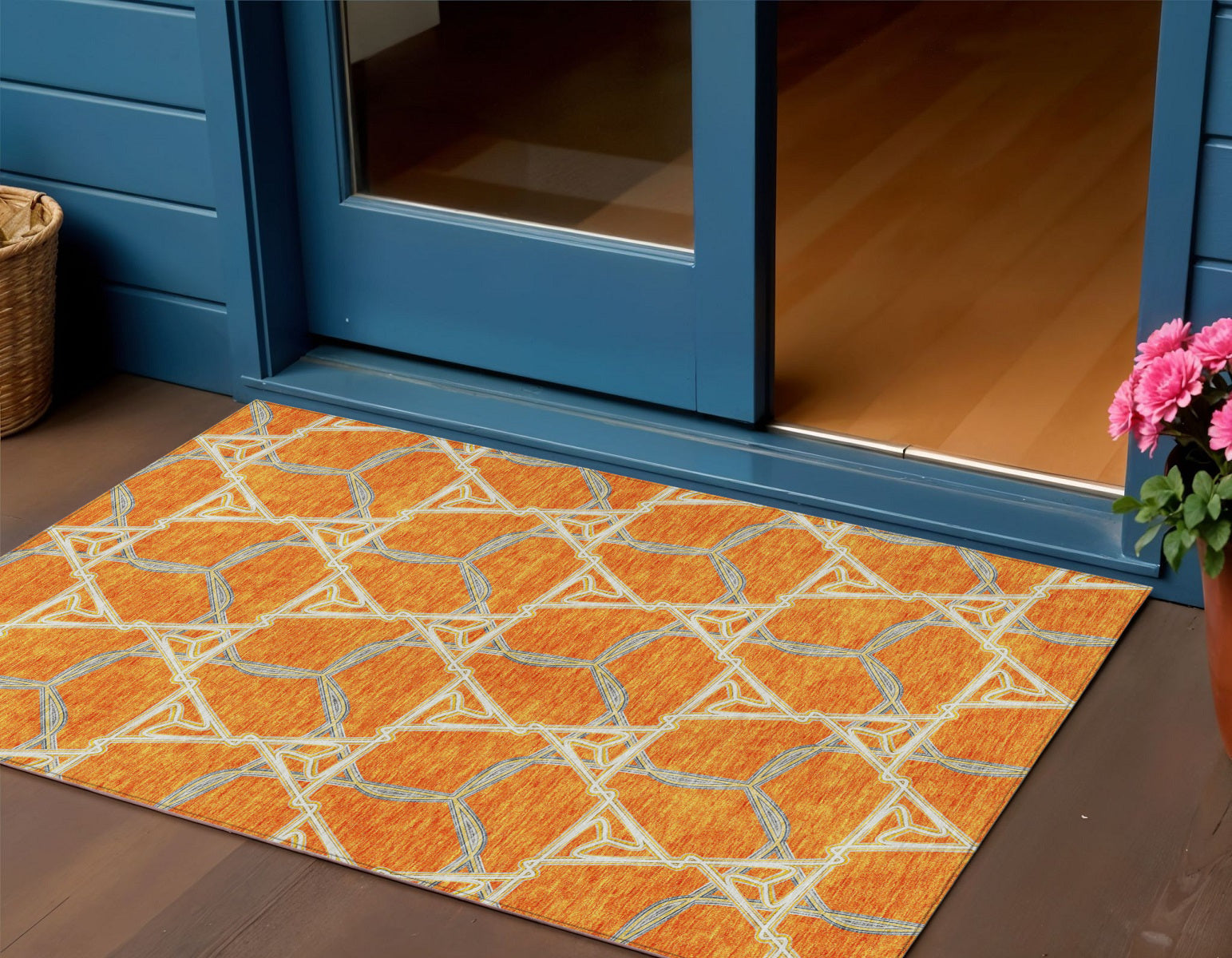 5 X 8 Orange And Blue Geometric Washable Indoor Outdoor Area Rug