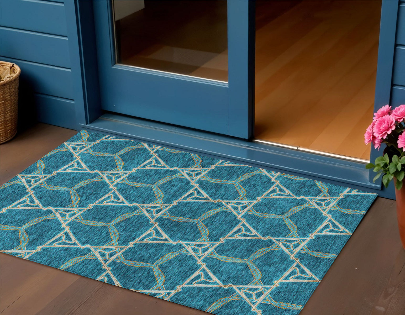 3 X 5 Teal Blue And Beige Geometric Washable Indoor Outdoor Area Rug
