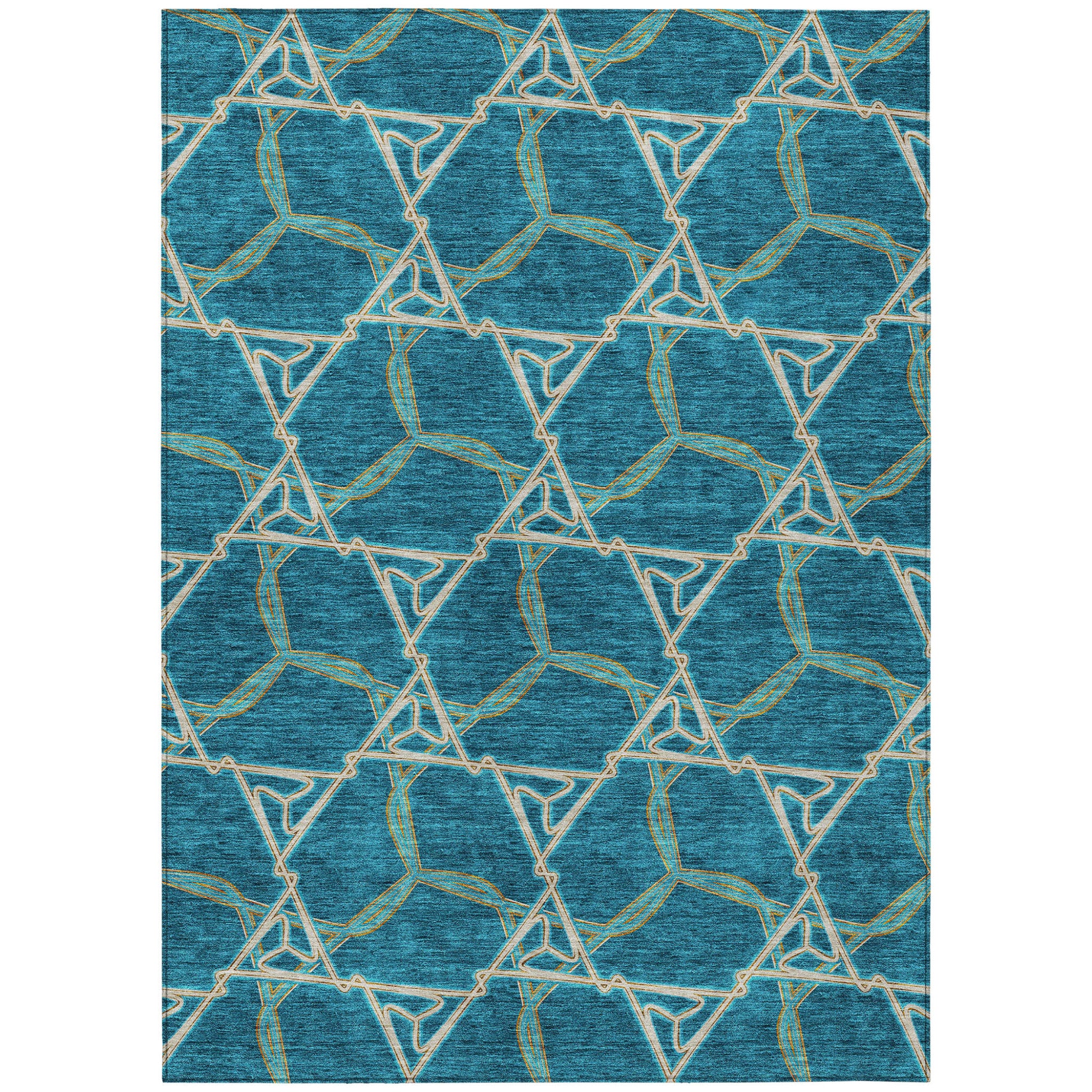5 X 8 Teal Blue And Beige Geometric Washable Indoor Outdoor Area Rug