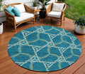 8 Teal Blue And Beige Round Geometric Washable Indoor Outdoor Area Rug