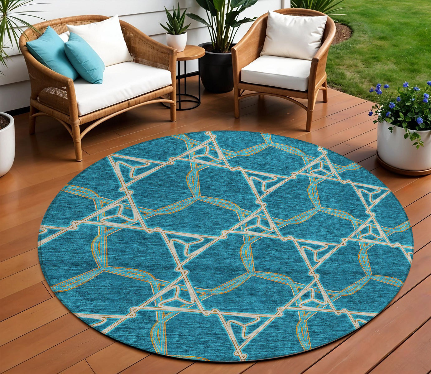 8 Teal Blue And Beige Round Geometric Washable Indoor Outdoor Area Rug