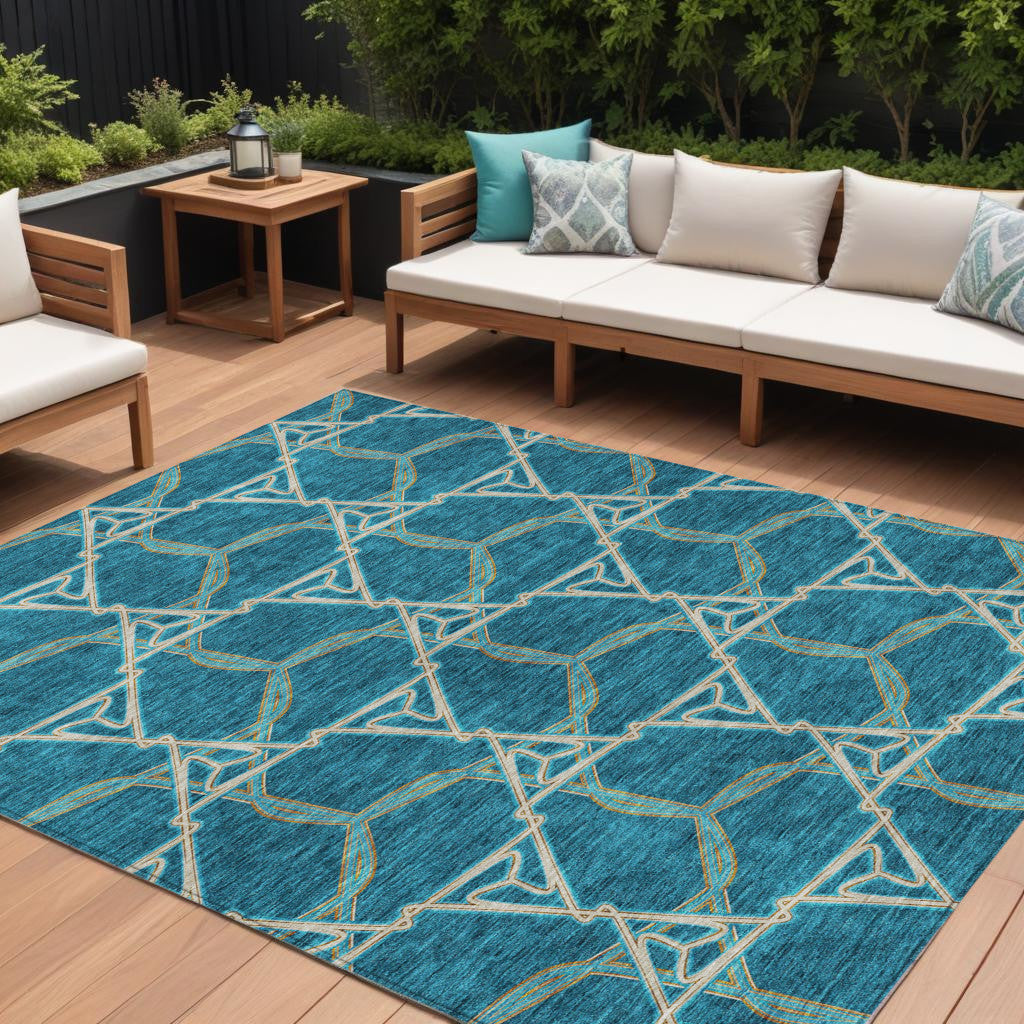 8 X 10 Teal Blue And Beige Geometric Washable Indoor Outdoor Area Rug