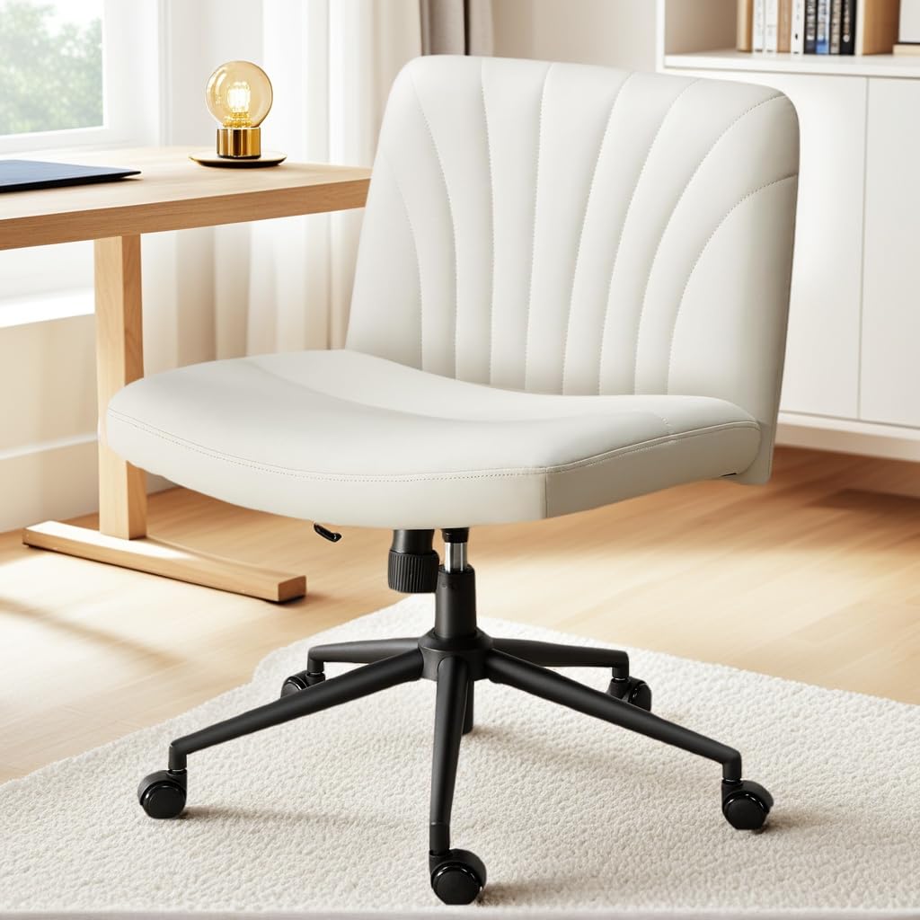 Marsail Criss Cross Chair with Wheels, Wide PU Leather Armless Desk Chair, Swivel & Height Adjustable Cross Legged Office Chair 