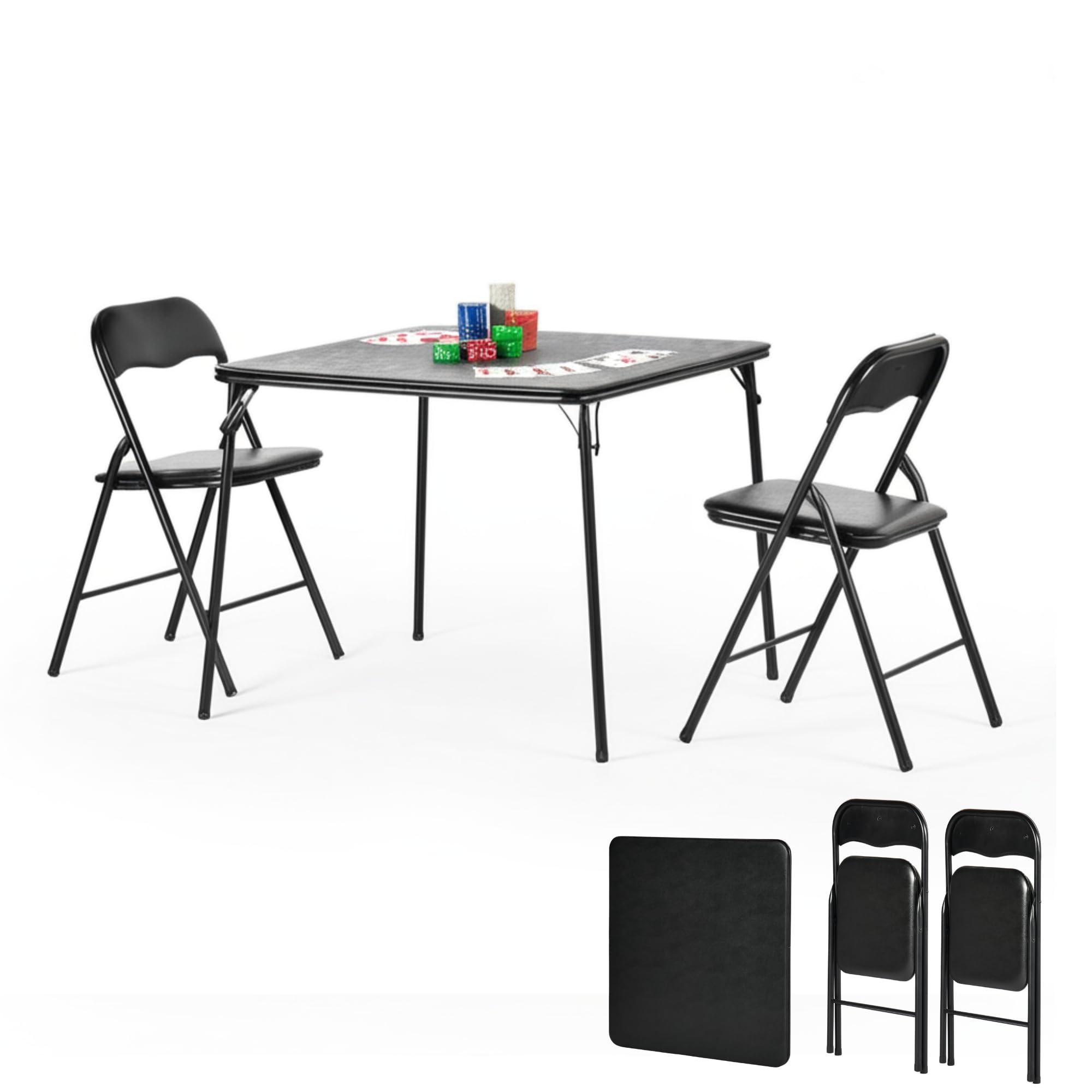 Homy Casa Folding Card Table - 33.9 Inch Square Metal Construction for Indoor & Outdoor Games and Recreation (3-Piece)