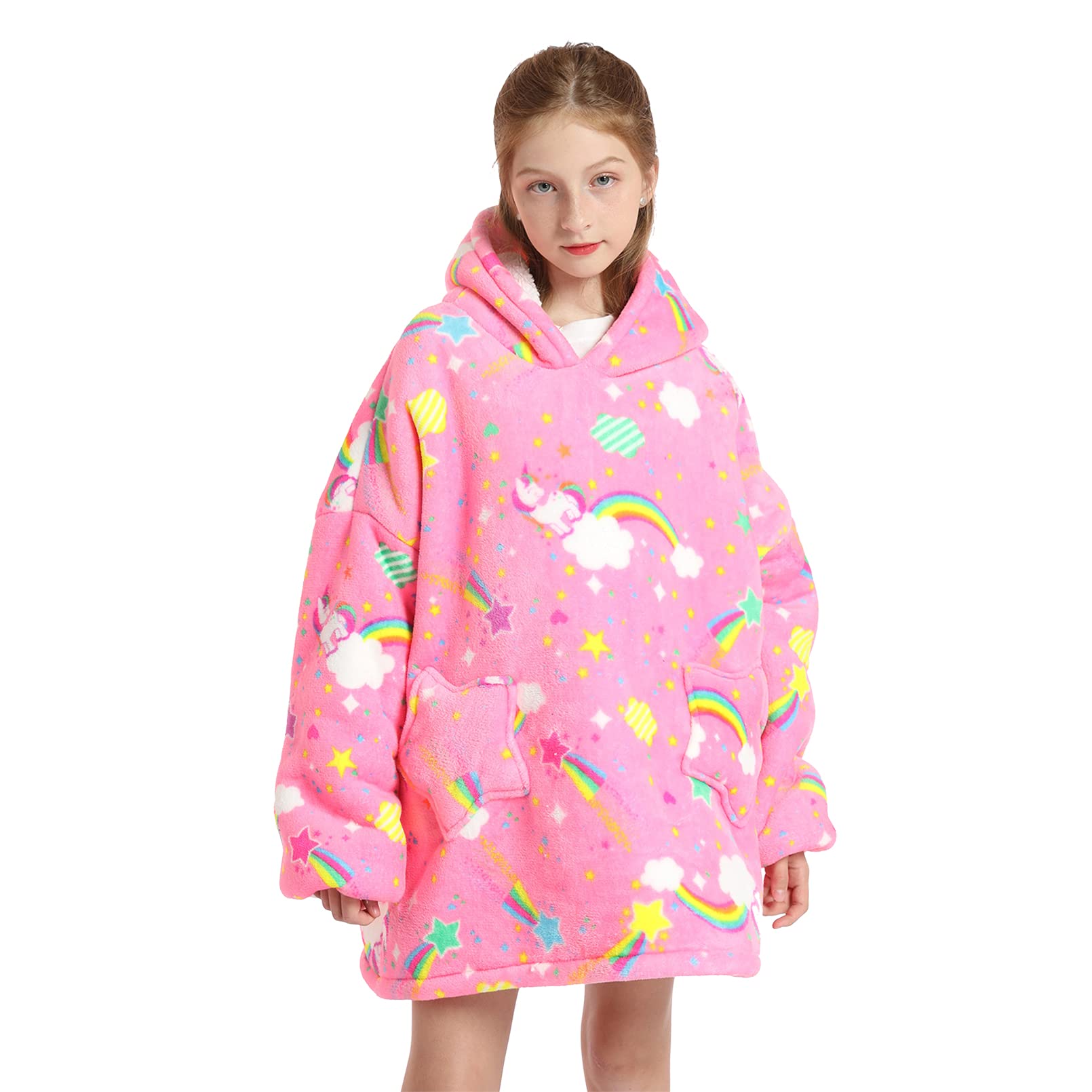 Wearable Blanket Hoodie for Kids 4-12YR Oversized Animal Hooded Blanket Super Soft Comfortable Warm Flannel Rainbow Horse