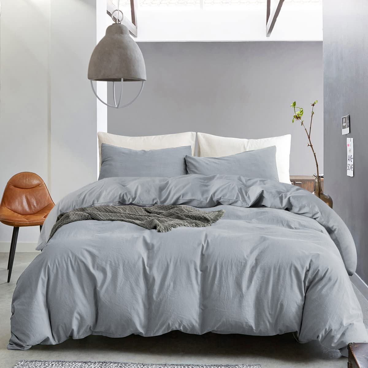 ECOCOTT Light Blue Duvet Cover Oversized King Size - 100% Washed Cotton Durable Soft Comfy Duvet Cover Set, 3 Pieces Duvet Cover
