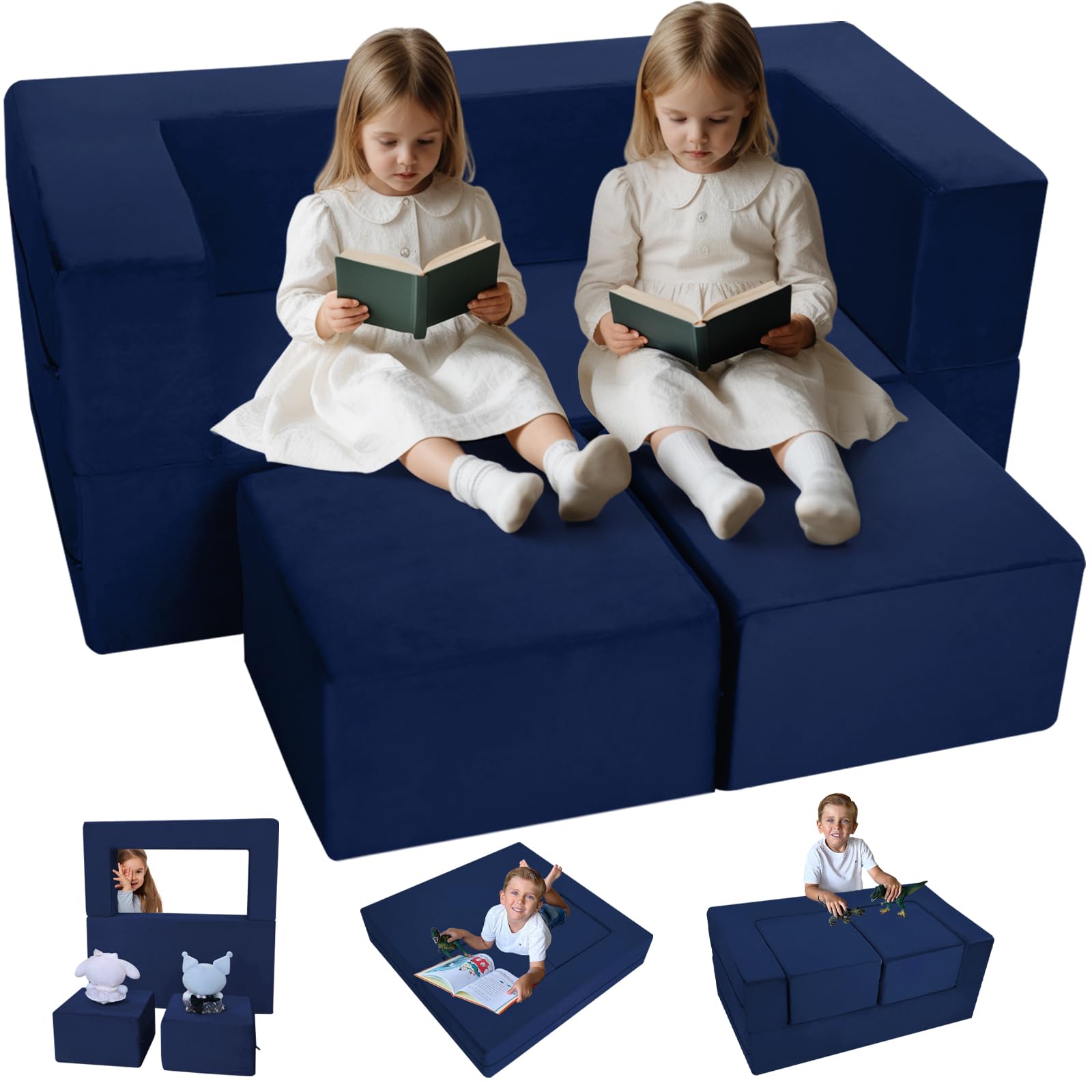 MeMoreCool Convertible Modular Kids Foam Play Couch Sofa - Navy Fold-Out Toddler Couch for Playroom or Bedroom