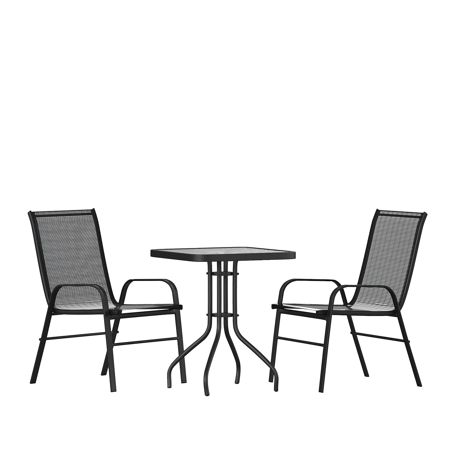 Flash Furniture Brazos 3 Piece Outdoor Patio Dining Set - 2 Black Flex Comfort Stack Chairs - 23.5 Square Tempered Glass Patio T
