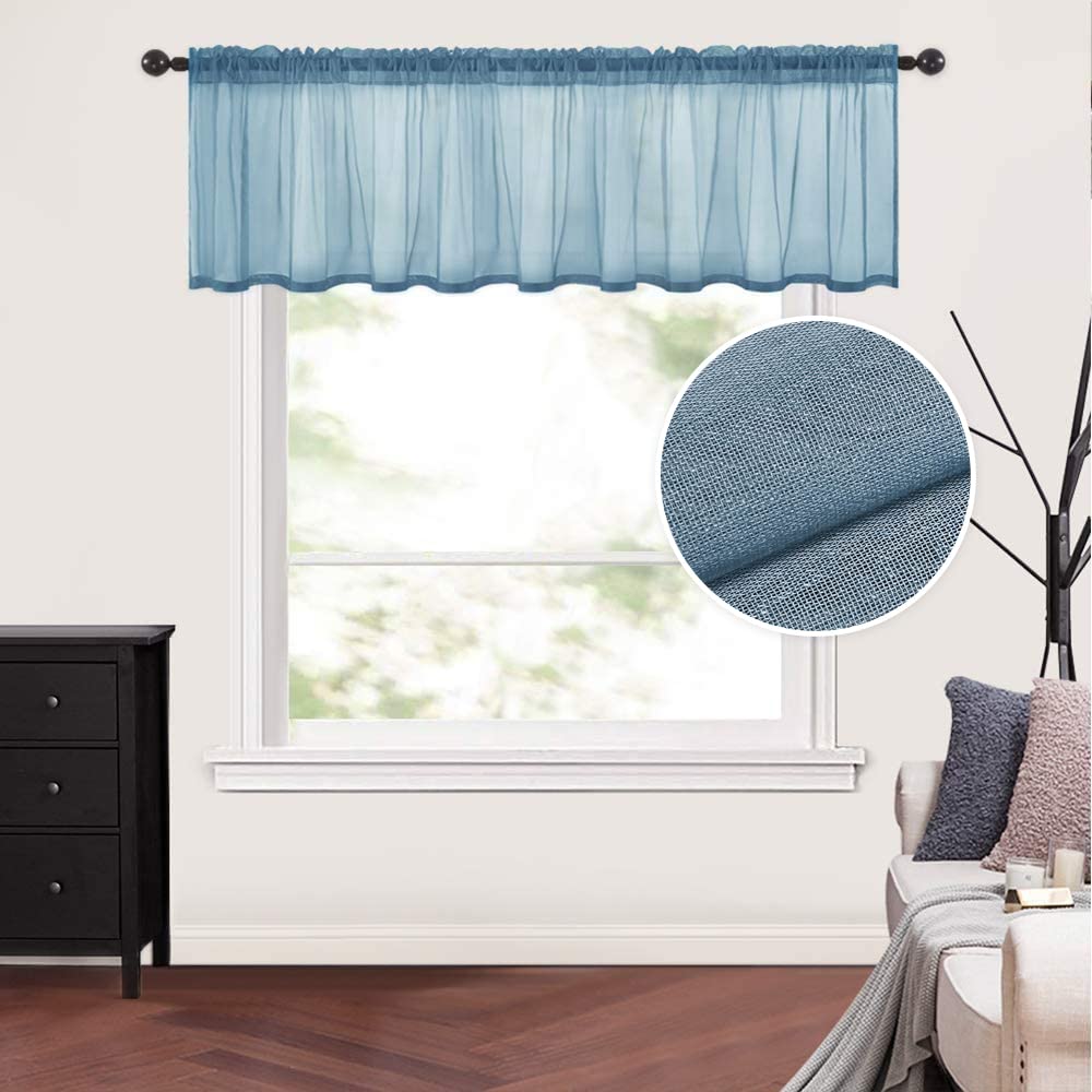 MIULEE Solid Sheer Dusty Blue Valance Kitchen Linen Look Window Curtain,Living Room Windows Voile Valance Rod Pocket 1 Panels (6