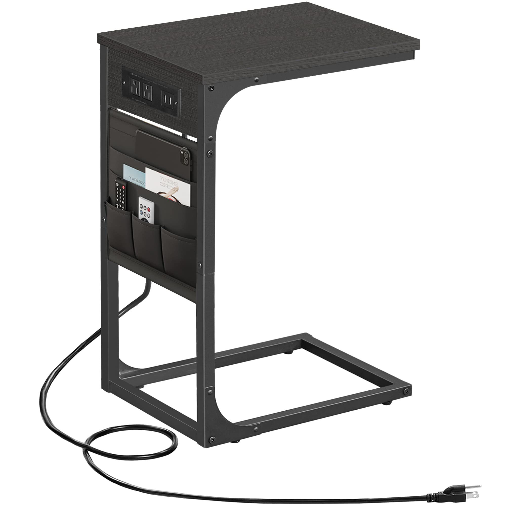 TUTOTAK C Shaped End Table with Charging Station, Side Table for Sofa and Couch with Storage, TV Tray Table with 2 USB Ports & O