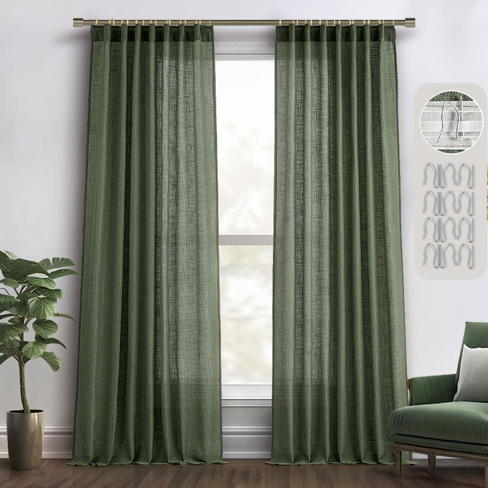 MIULEE Olive Green Linen Curtains 84 Inches Long 2 Panels for Bedroom Living Room, Back Tab & Pleat Tape with Hooks Soft Thick L