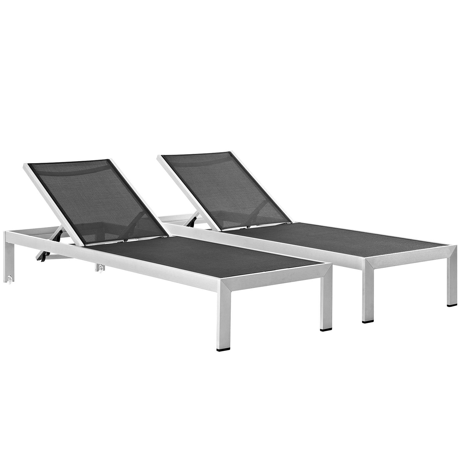 Modway Shore Aluminum Textilene Mesh Outdoor Patio Two Poolside Chaise Lounge Chairs in Silver Black