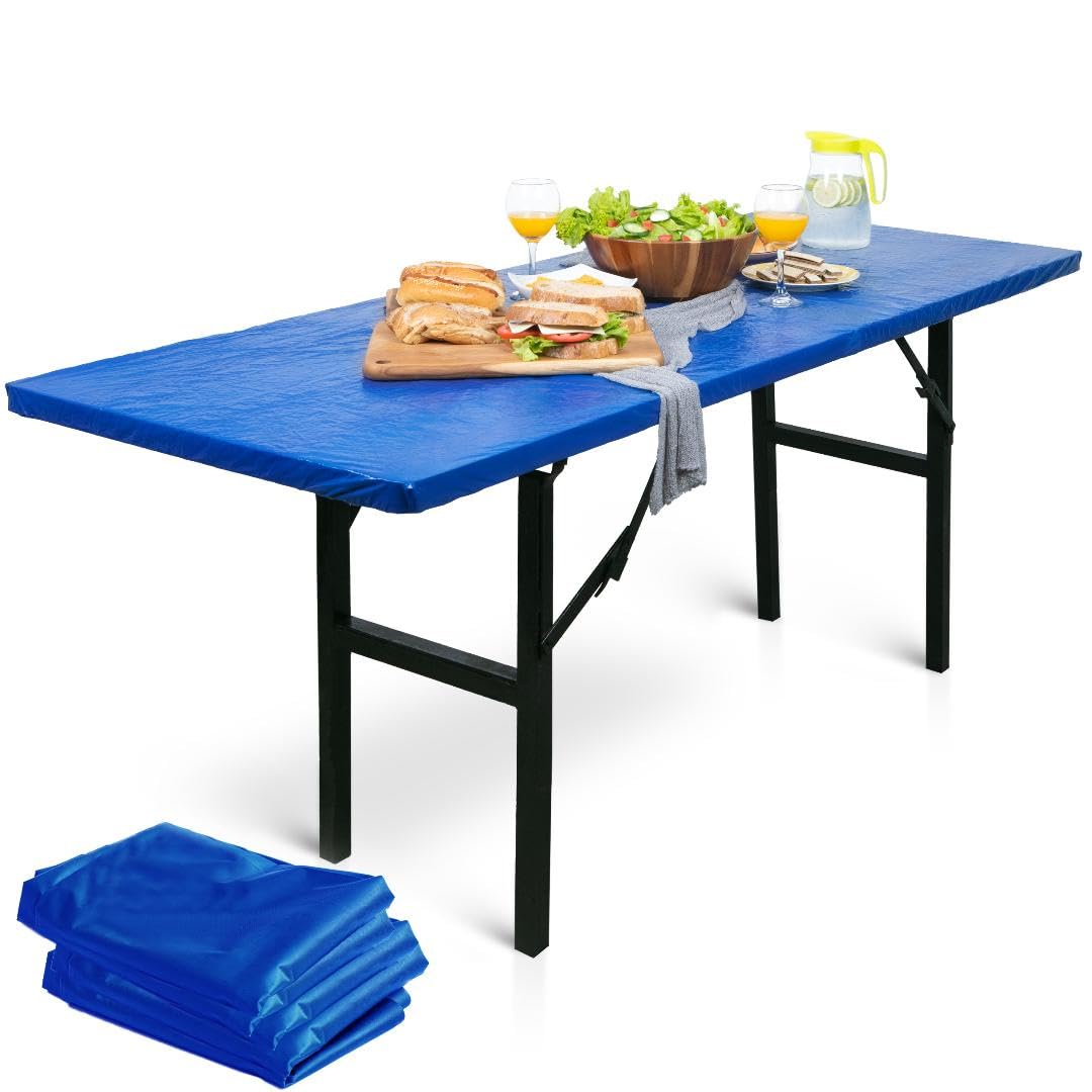 LINPRO 5Pk Plastic Table Cloths Disposable for Parties 8ft Picnic Table Covers with Elastic Fitted Camping Tablecloth Elastic Ta