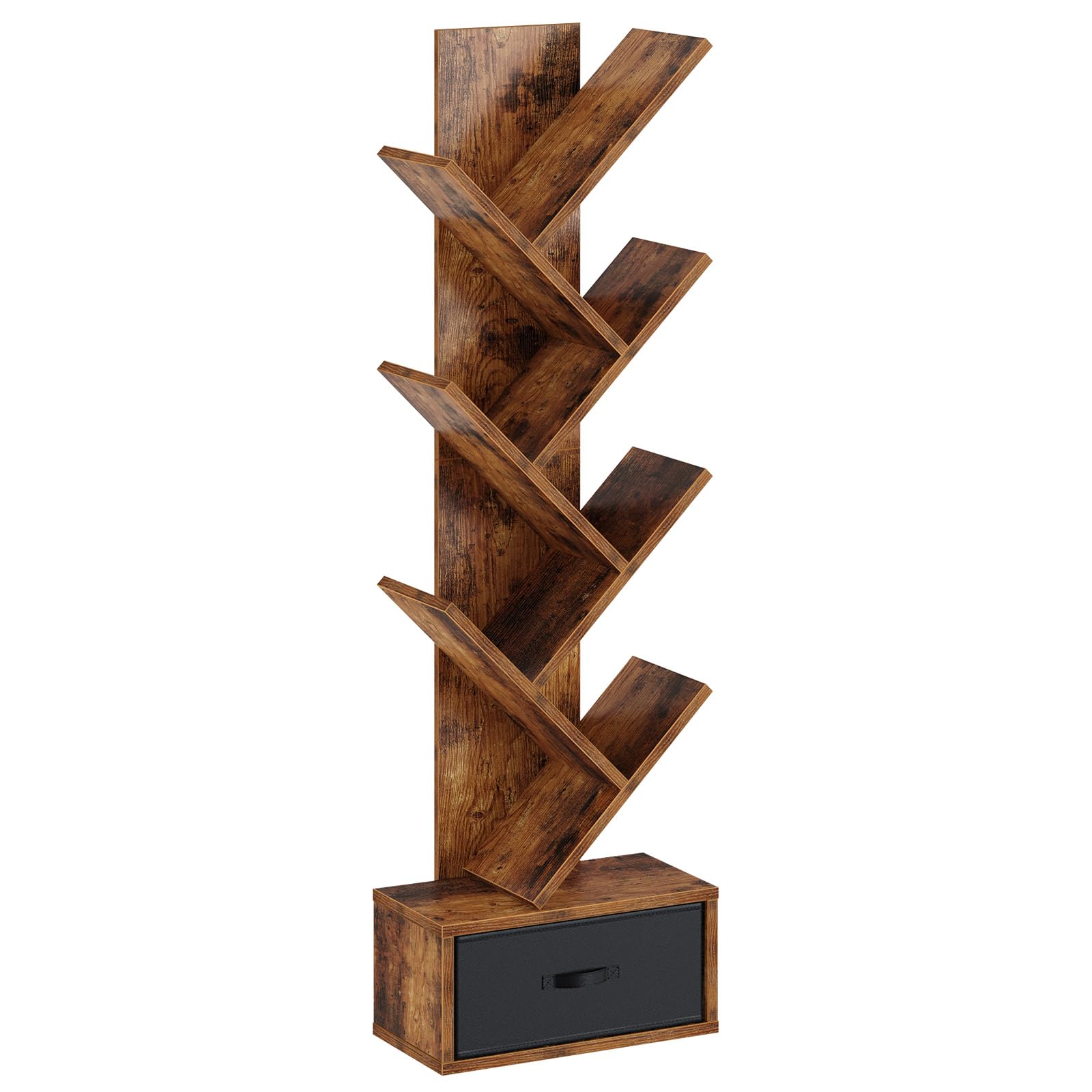 Rolanstar Bookshelf with Drawer, 7 Shelf Tree Bookshelf, Wooden Bookshelves Storage Rack for CDs/Movies/Books, Rustic Brown Book