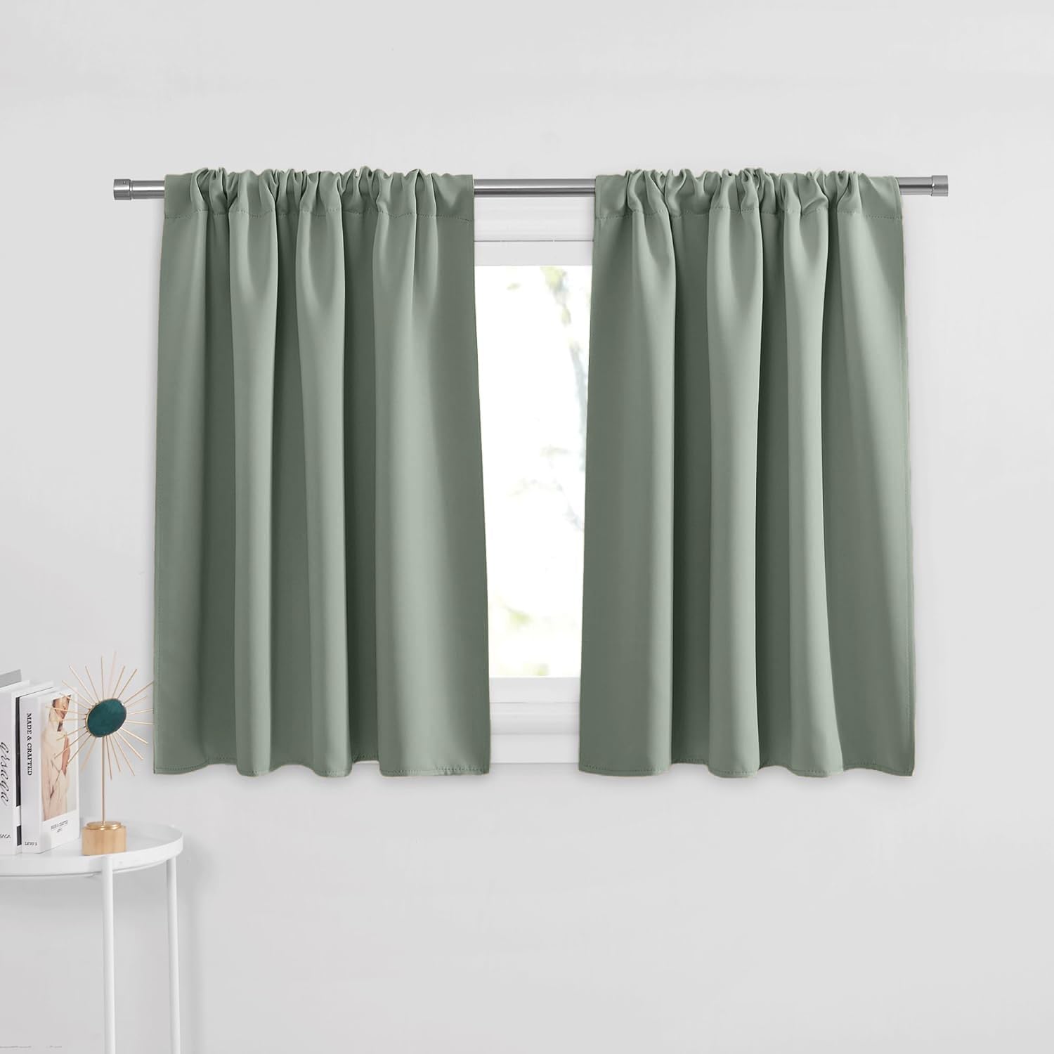PONY DANCE Sage Green Short Window Curtain Panels 36 inch Long - Rod Pocket Room Darkening Drapes for Dorm Storage Door Kitchen 