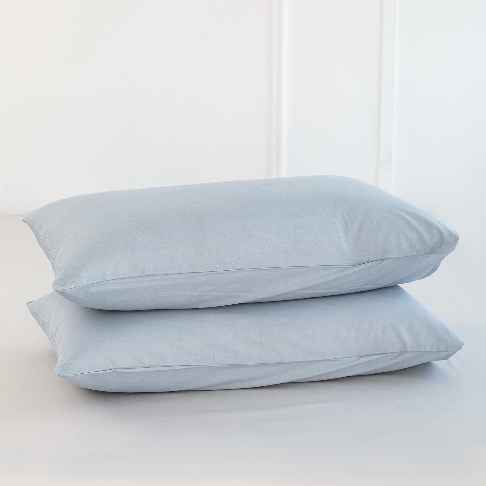 MooMee Bedding Pillowcases Pack of 2 100% Washed Cotton Linen Like Textured Breathable Durable Soft Comfy (Cornflower Blue, Stan