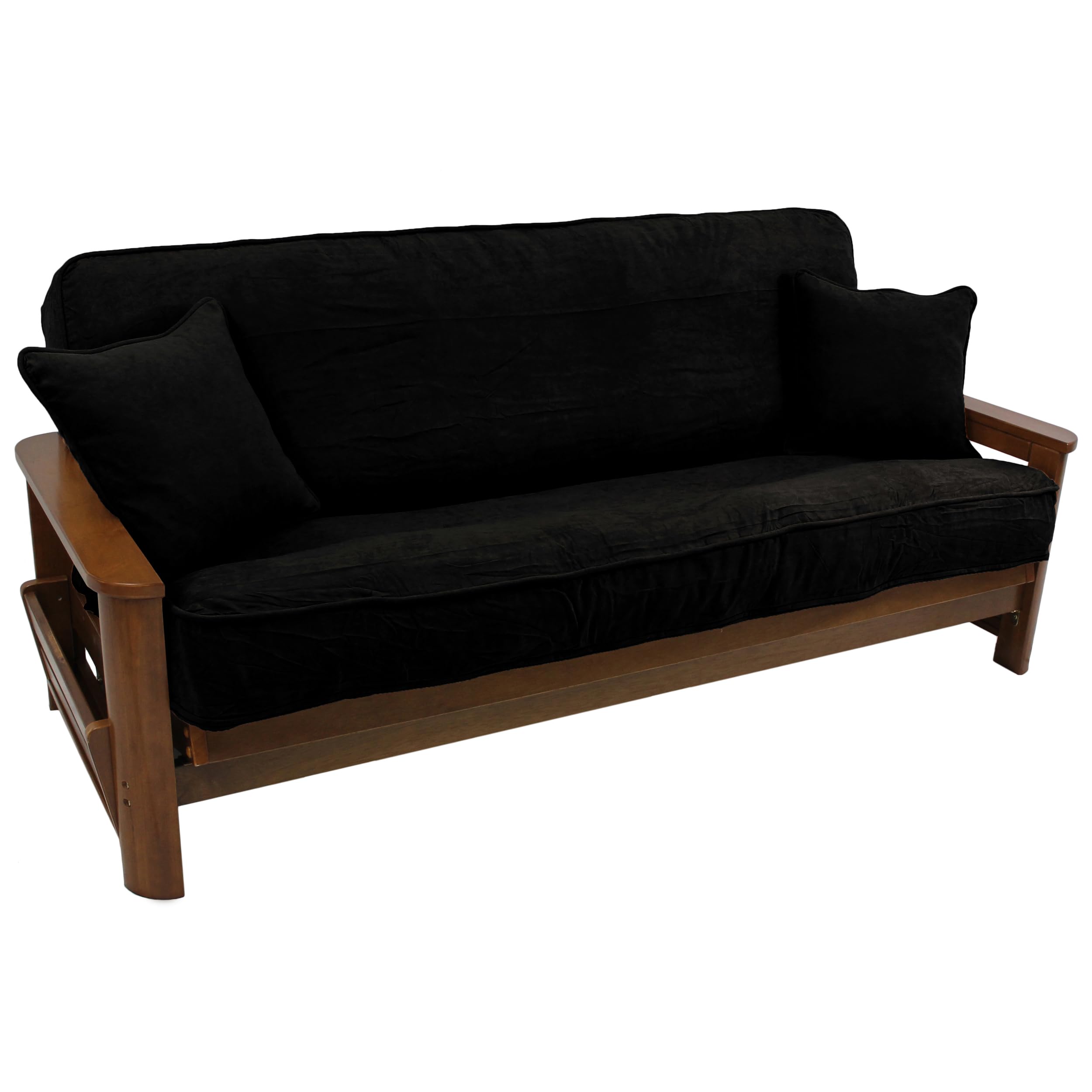 Blazing Needles Solid Microsuede Double Corded 8 to 9 Futon Cover Set with 2 Throw Pillows (Set of 3), Full, Black