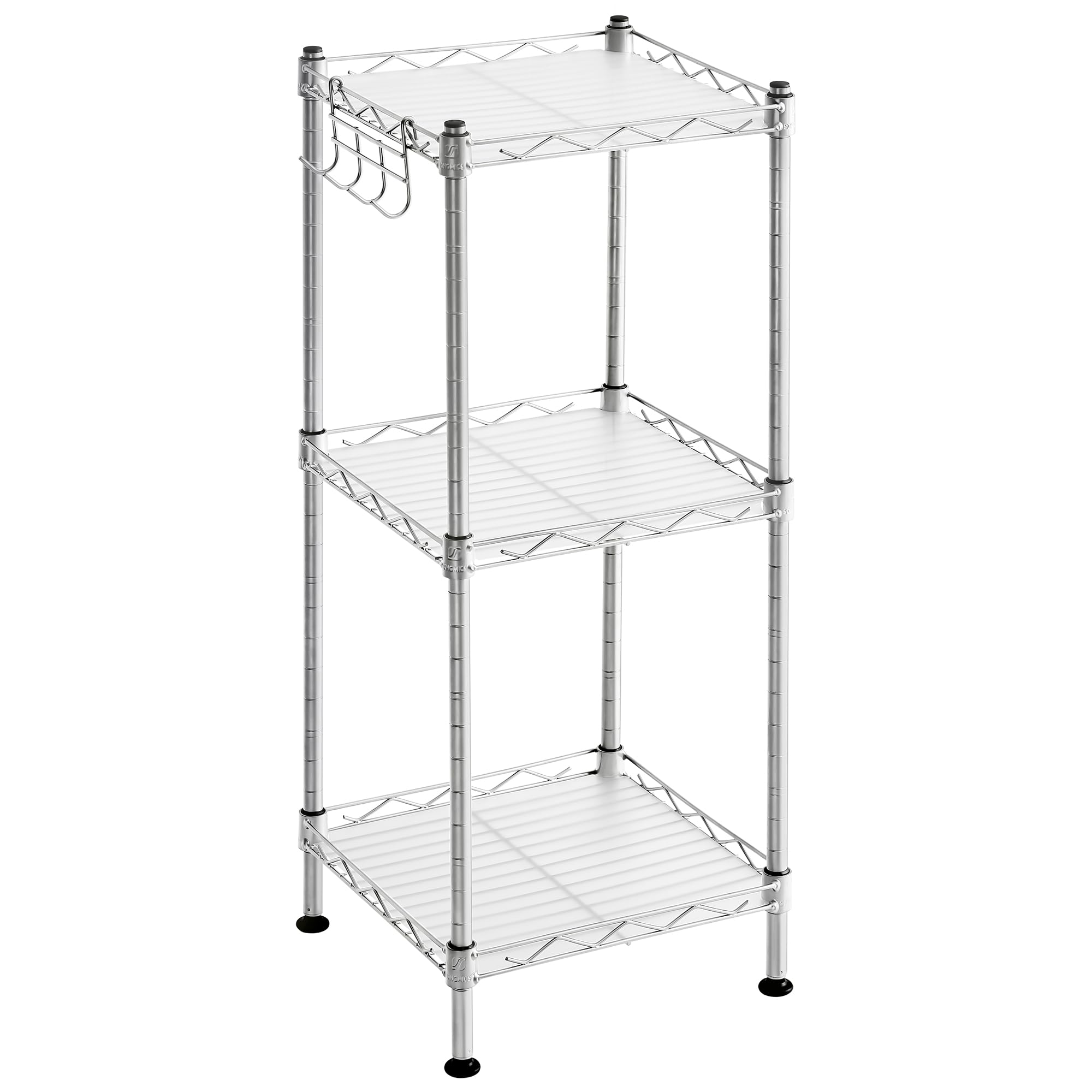 SONGMICS 3-Tier Bathroom Shelf, Storage Rack for Small Space, with 3 PP Shelf Liners, Removable Hook, Extendable Design, Silver 