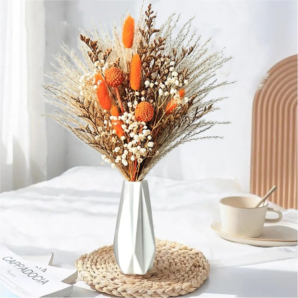 YN HI FLOWER DIY 34PCS Dried Flower Bouquet Set - Natural Orange Bunny Tails, Babys Breath & Grass Mini Bunches for Small Vases,