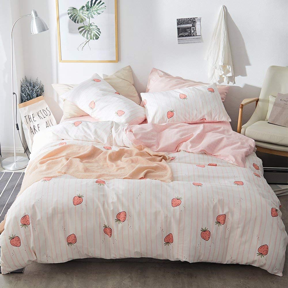LifeTB Cute Strawberry Duvet Cover Full Size Soft Cotton Pink Strawberry Bedding Sets Cartoon Fruits Style Strawberry Comforter 