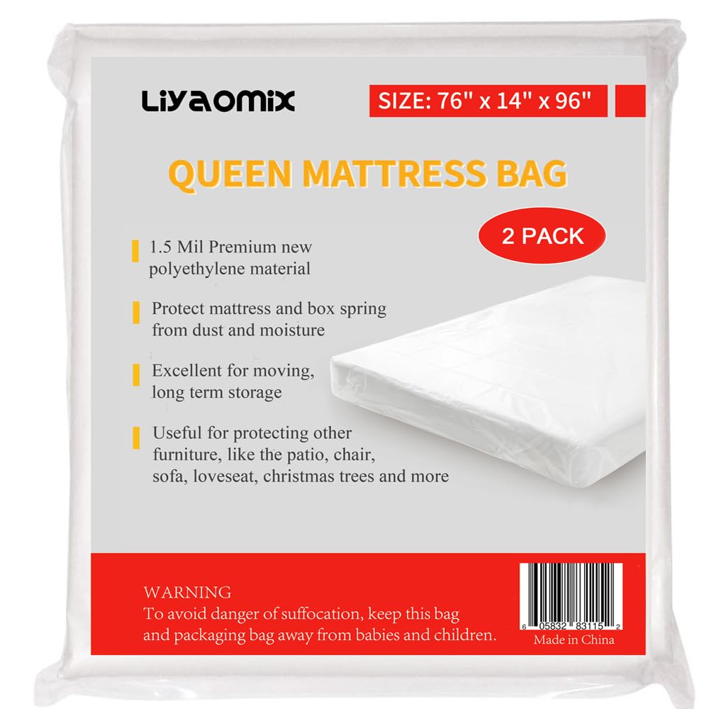 Liyaomix 2 Pack Queen Mattress Bags for Moving and Storage, 1.5 Mil 76 x 96 Clear Plastic Disposal Mattress Bags Covers