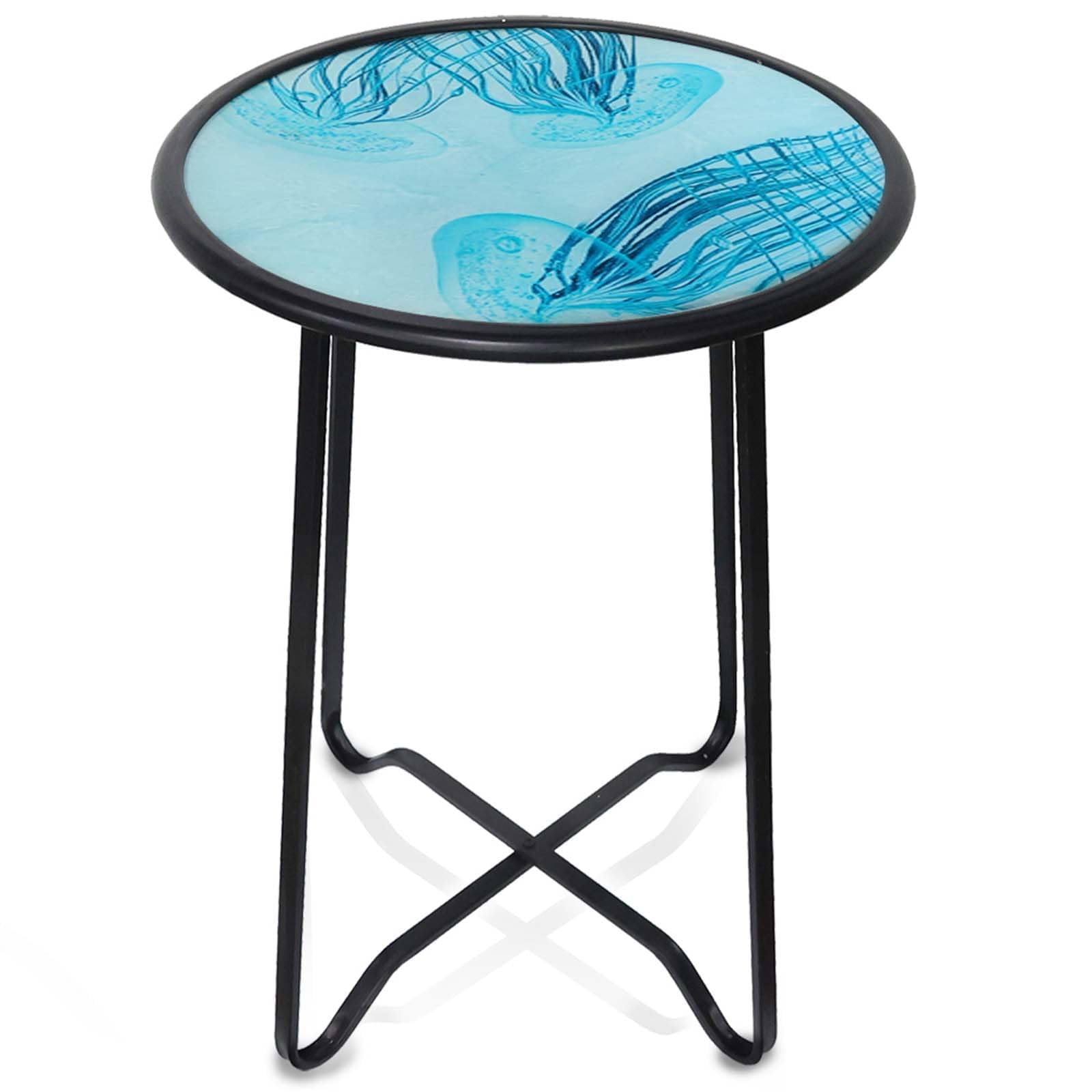 LIFFY Outdoor Side Table,14 Indoor Outdoor Round Glass Tabletop Accent Table with Metal Frame, Decorative Plant Stand & End Tabl