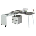 Adjustable L-Shaped Computer Desk with Rolling Tabletop for Multiple Configurations, Two-Drawer Cabinet, and Sturdy Steel Legs -