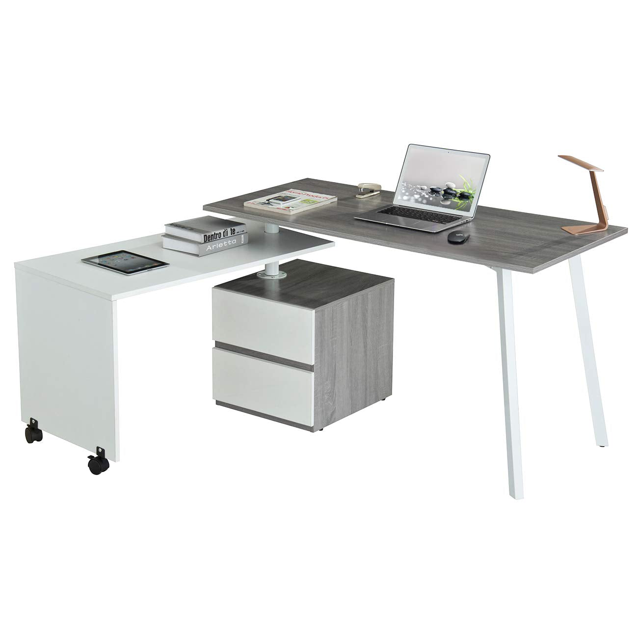 Adjustable L-Shaped Computer Desk with Rolling Tabletop for Multiple Configurations, Two-Drawer Cabinet, and Sturdy Steel Legs -