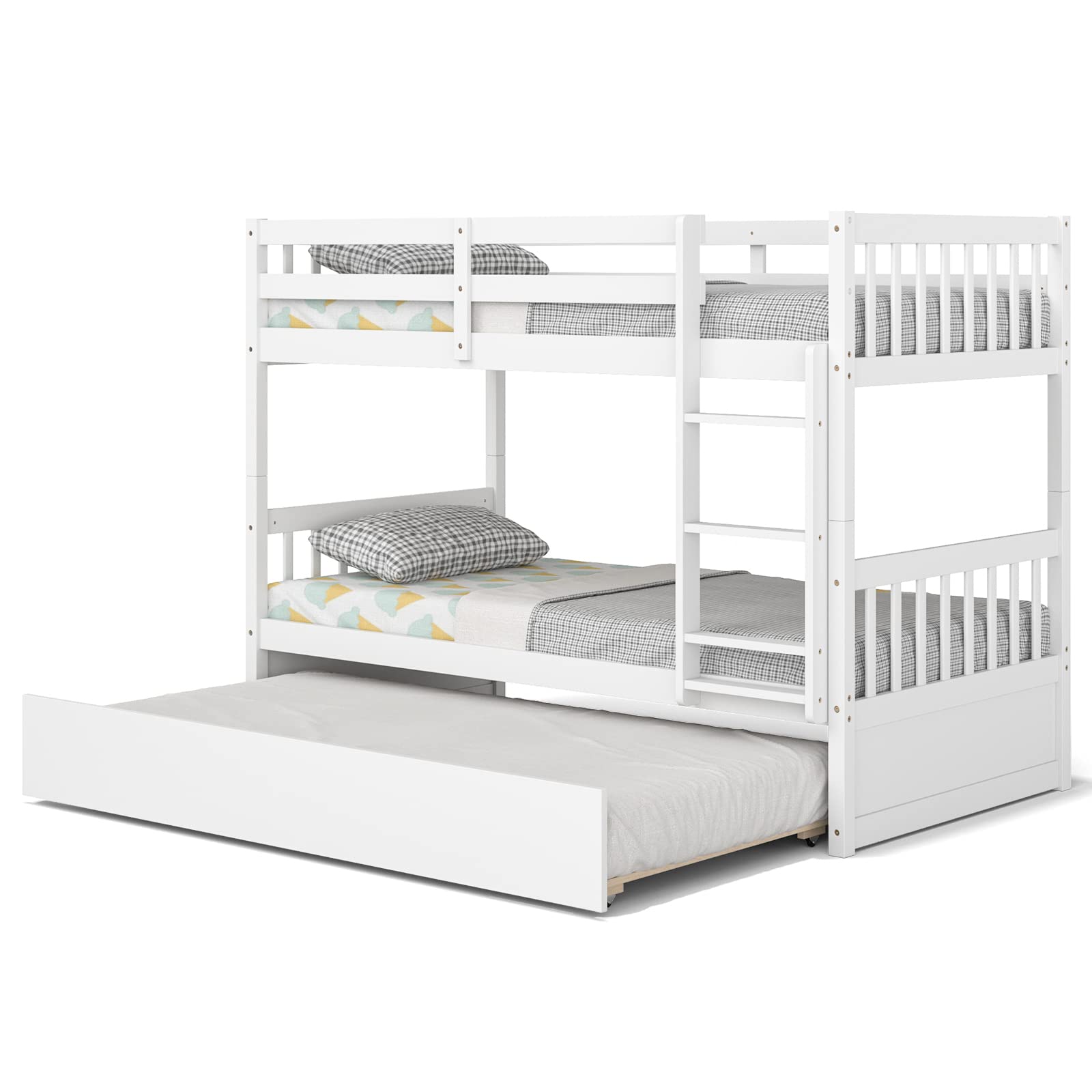 KOMFOTT Wood Twin Over Twin Bunk Bed with Trundle, Solid Pine Wood Bunk Bed Frame with Ladder & Safety Guardrails, Space-Saving 